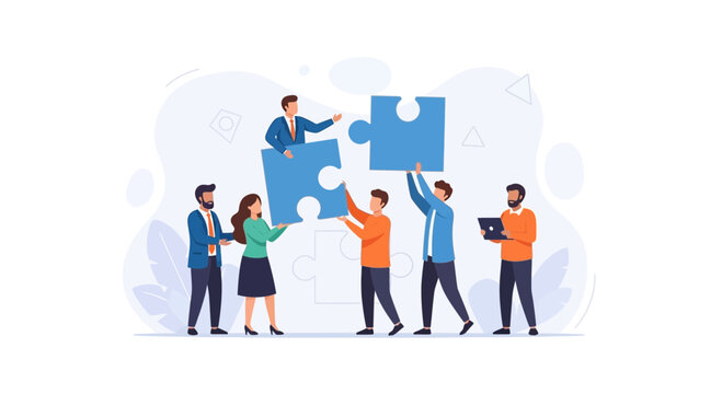 Diverse team collaborating to connect puzzle pieces, symbolizing teamwork, strategy, and problem-solving.