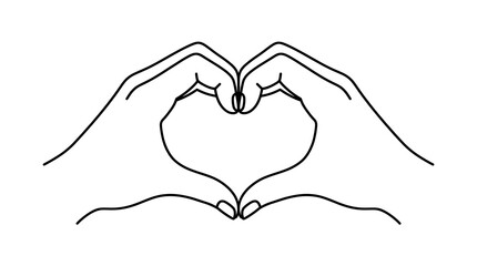 Obraz premium Minimalist heart hand gesture line art, simple black outline of hands forming a heart shape, romantic love symbol on white background