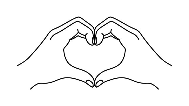 Minimalist heart hand gesture line art, simple black outline of hands forming a heart shape, romantic love symbol on white background