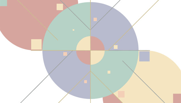 Abstract geometric background of intersecting lines circles in pastel quadrants and small scattered squares.
