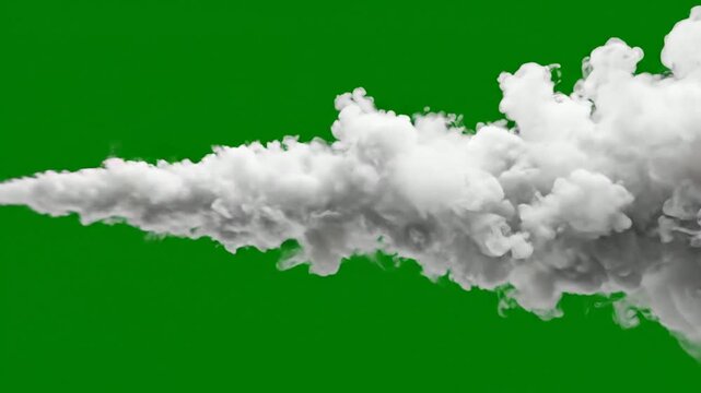 Thick white smoke trail jet stream isolated on green screen chroma key background, exhaust
