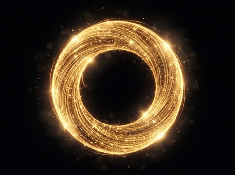 Glowing golden glitter ring shape with sparkles on a black background