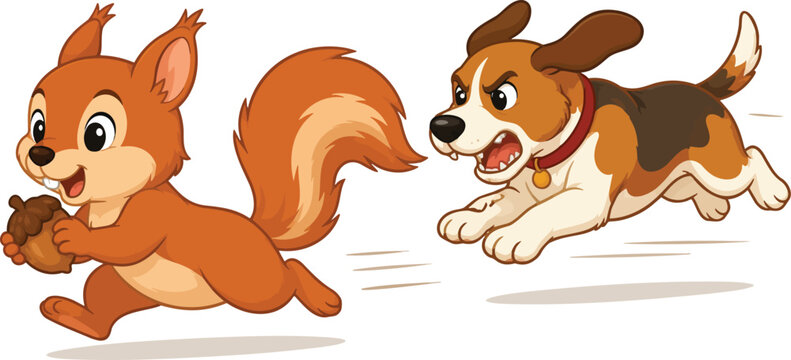 Cute Squirrel Running Away from a Playful Dog, Funny Animal Vector Illustration