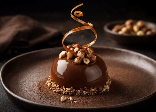 Gourmet chocolate dome mousse dessert decorated with roasted hazelnuts and caramel swirl