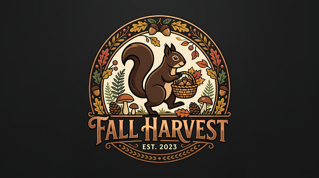 Fall Harvest Squirrel Logo with Acorns and Autumn Leaves