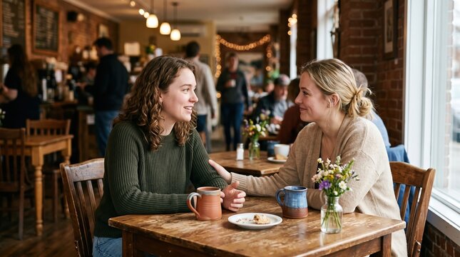 Smiling friends talking in a cafe