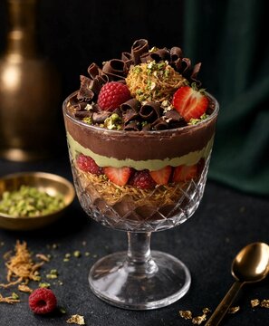 Gourmet dessert in a crystal glass with chocolate mousse pistachio cream raspberries and kataifi pastry
