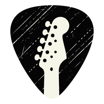 Guitar pick with white electric guitar neck on black background with scratches