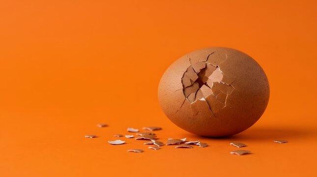 A cracked chocolate easter egg with broken pieces scattered on a vibrant orange background