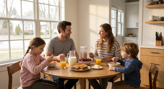 Family enjoying breakfast together at kitchen table with milk, fruit, and toast in bright home