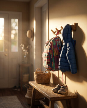 Colorful backpack and blue jacket hanging in cozy entryway with shoes and baskets on wooden bench