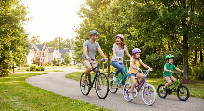 Family riding bicycles on a suburban path with houses and trees in the background