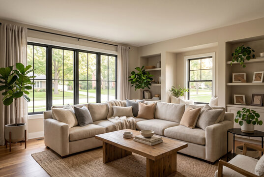 Modern living room with beige sectional sofa, wooden coffee table, and large windows overlooking greenery