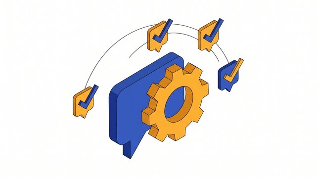 Isometric business feedback vector illustration with chat bubble gear and checkmarks