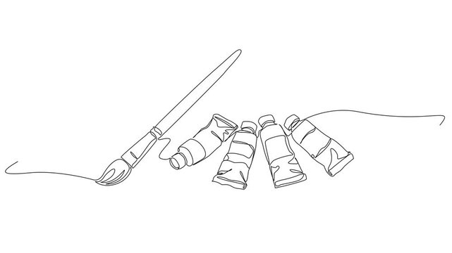 animated continuous line drawing of artsy paintbrush and paint tubes, minimalist modern art concept, line art animation