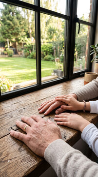 Adult and child hands resting on wooden table by window overlooking green garden landscape