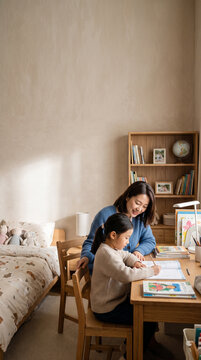 Asian woman assists girl with coloring activity at wooden table in cozy bedroom setting