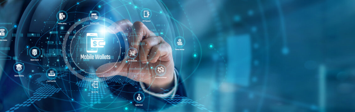 Fintech expert handhold Mobile Wallets deployment. Product manager using apps tracking digital payments and contactless financial transaction workflows on devices. Modern cashless economy.