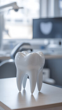 Large white dental tooth model displayed on table in modern dental clinic interior