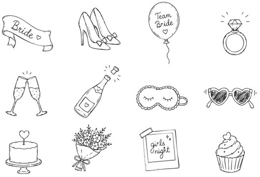 Set of hand drawn bachelorette icons isolated on transparent background