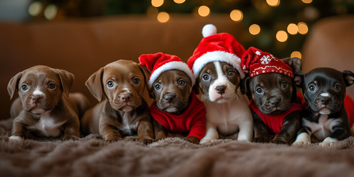 Six adorable puppies wearing Christmas hats and sweaters sitting together on a cozy blanket