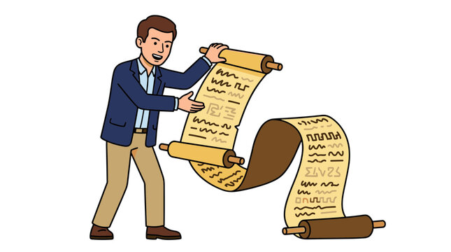 Senior profesor vector unrolling a long paper scroll