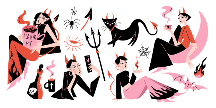 Halloween clipart set with spooky devil girls, black cat, pitchfork, potion and gothic aesthetic elements for spooky season. Flat vector illustration