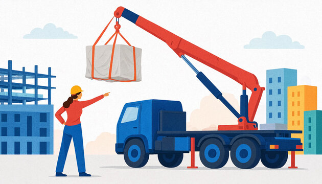 Female construction worker directs a blue mobile crane lifting a suspended load near colorful urban buildings.