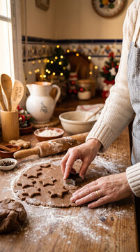 Woman baking cookies with star-shaped cutter in cozy kitchen setting