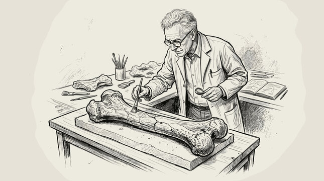 Profesor vector cleaning a large dinosaur fossil in the laboratory