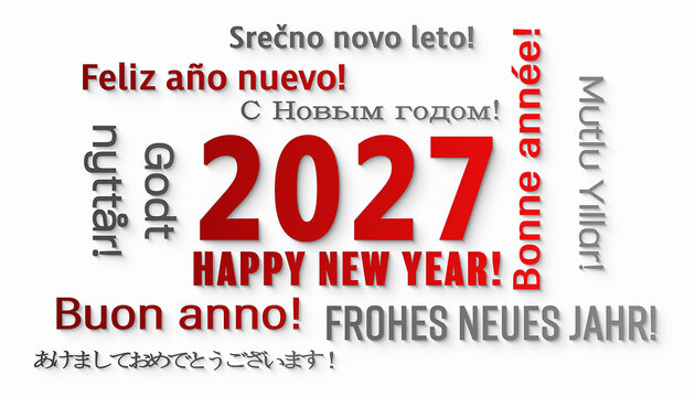 Illustration of a word cloud in different languages with the message happy new year in red and grey over white background - represents the new year 2027.