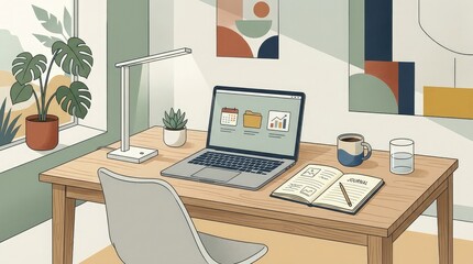 Fototapeta premium Cozy modern home office workspace with laptop