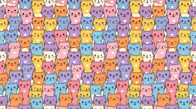 Seamless pattern of colorful watercolor cat heads arranged in a dense and playful repeating design