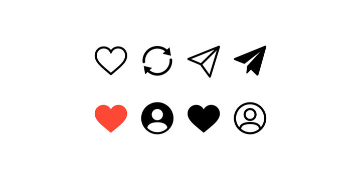 Minimalist black linear social media interaction icons set with red heart isolated on transparent checkered background.