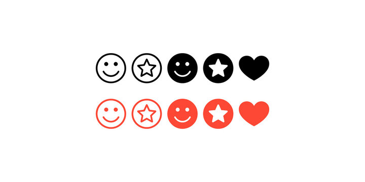 Black and red rating feedback icons with smileys stars and hearts for measuring customer satisfaction and service quality.
