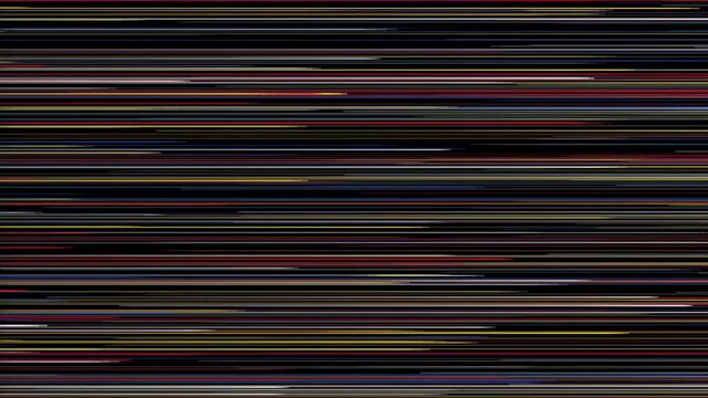 Glitch digital video footage featuring abstract horizontal speed lines with colorful light rays across a dark background for futuristic motion graphics and cinematic broadcast display effects