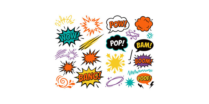 Comic book speech bubbles and explosion bursts with pop art sound effects for dynamic superhero themed illustrations.