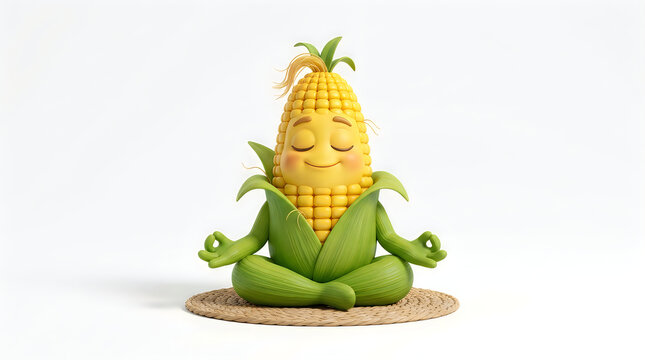 Cute cartoon corn character meditating in a peaceful lotus position on a woven mat