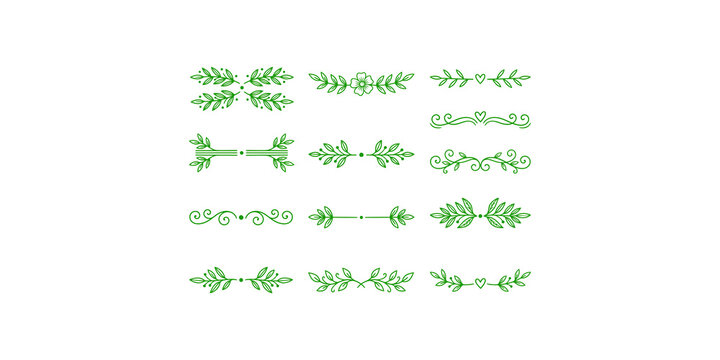 Set of green leaf branch ornament dividers perfect for elegant wedding invitations and decorative design accents.