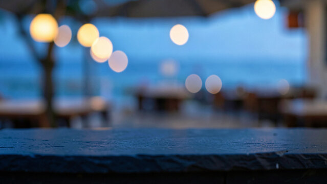 Honed Grey Concrete Table Surface on Chic Rooftop Lounge with Ambient Warm Uplighting Luxury City Bo