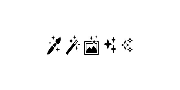 Artistic doodle icons including brush paint magic wand and sparkling stars for creative applications.