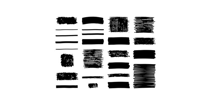 Collection of black grunge brush strokes and hand drawn scribbles for textured backgrounds and artistic design elements.