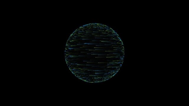 Rotating digital sphere composed of glowing blue and green data particles creating a complex network visualization for modern science research motion animation clip for project use