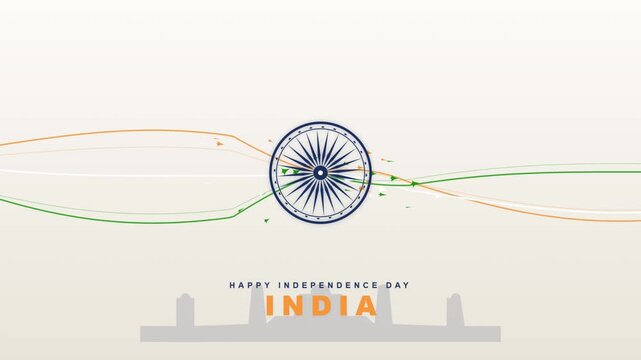 Indian Independence Day animation featuring the Ashoka Chakra emblem with patriotic tricolor jet trails and stylized fighter planes soaring across the background in this motion footage
