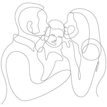 Continuous Line Art Parents Kissing Baby Family Love Vector Illustration in AI EPS SVG PNG