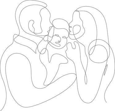 Continuous Line Art Parents Kissing Baby Family Love Vector Illustration in AI EPS SVG PNG