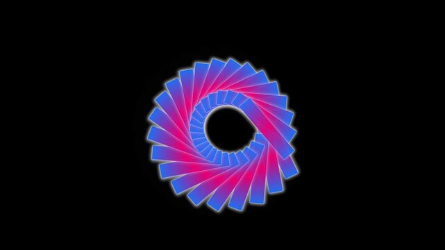 Rotating abstract ring animation featuring vibrant neon gradient rectangles arranged in a circular pattern moving against a dark background for modern creative digital motion design footage