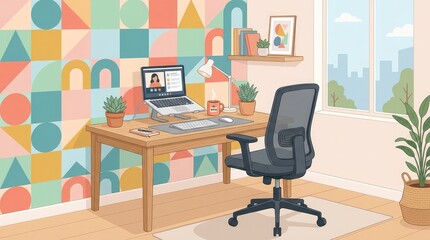 Fototapeta premium Cozy home office workspace with laptop and plants
