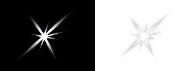 Sparkle star light flare icon set on black and white background. Shiny glow effect element in flat design for magic and glitter. Perfect for overlay, decoration, and design projects. © Sk