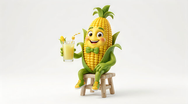 Happy cartoon corn character sitting on a wooden stool holding a glass of fresh vegetable juice